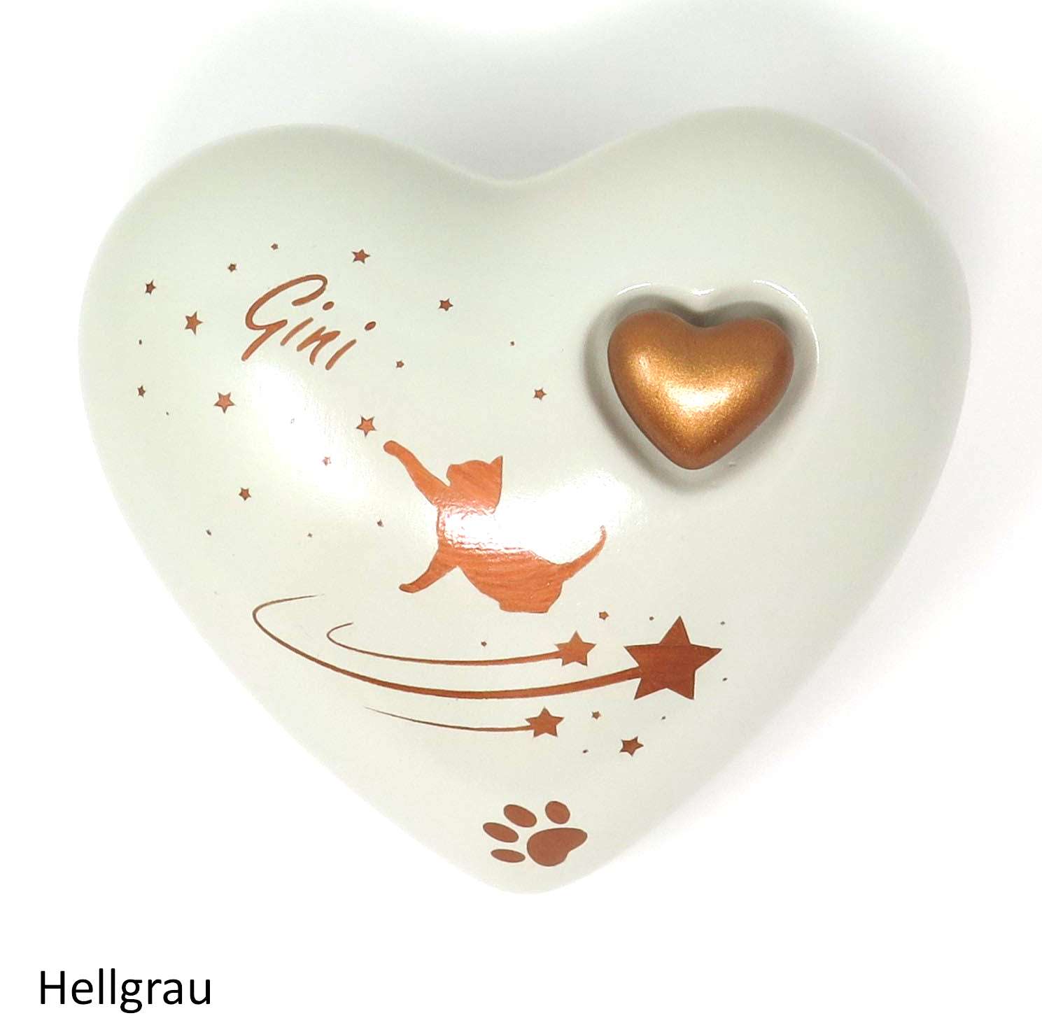 Katzenurne in Herzform mit einer Katze auf einer Sternschnuppe und Sternen Hellgrau