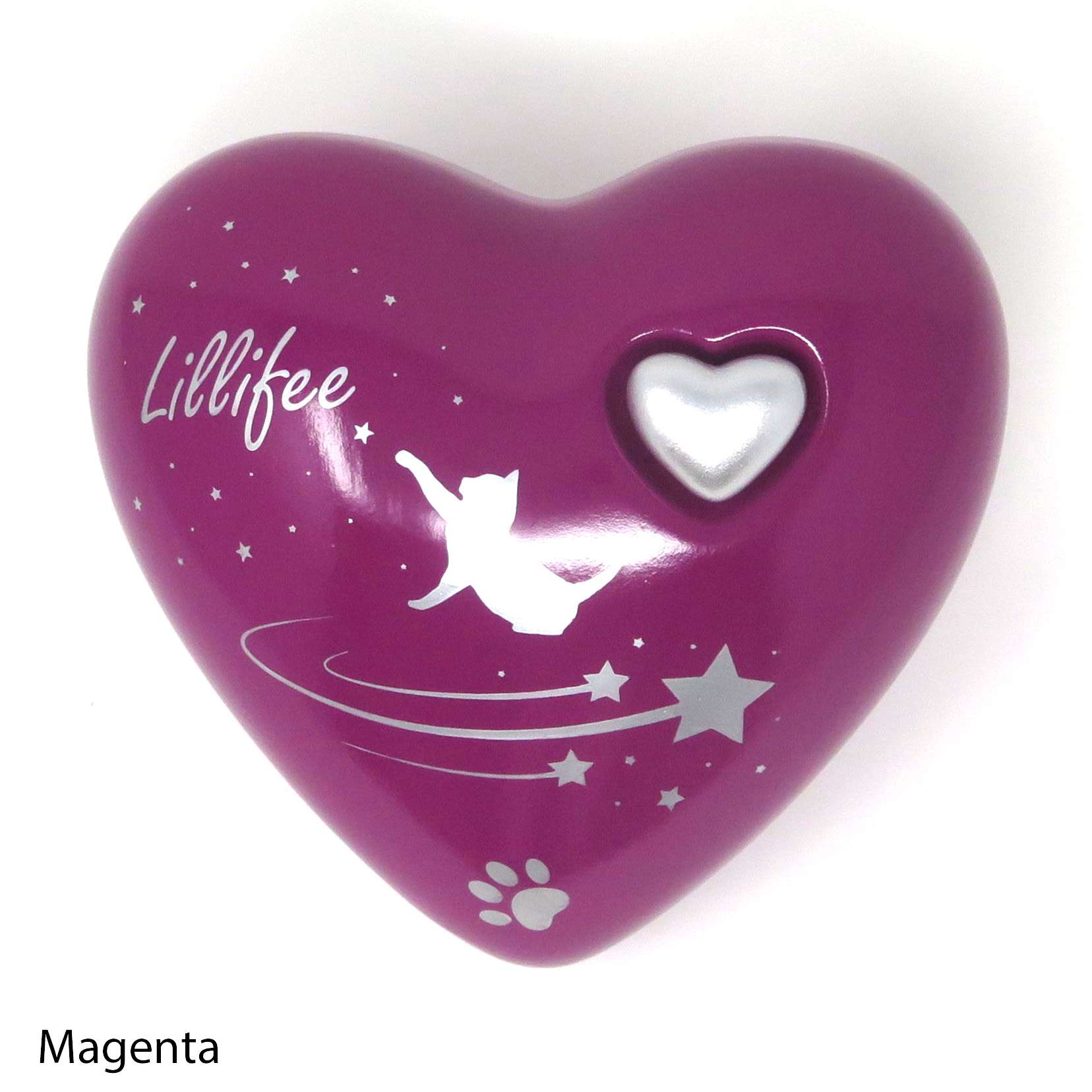 Katzenurne in Herzform mit einer Katze auf einer Sternschnuppe und Sternen Magenta