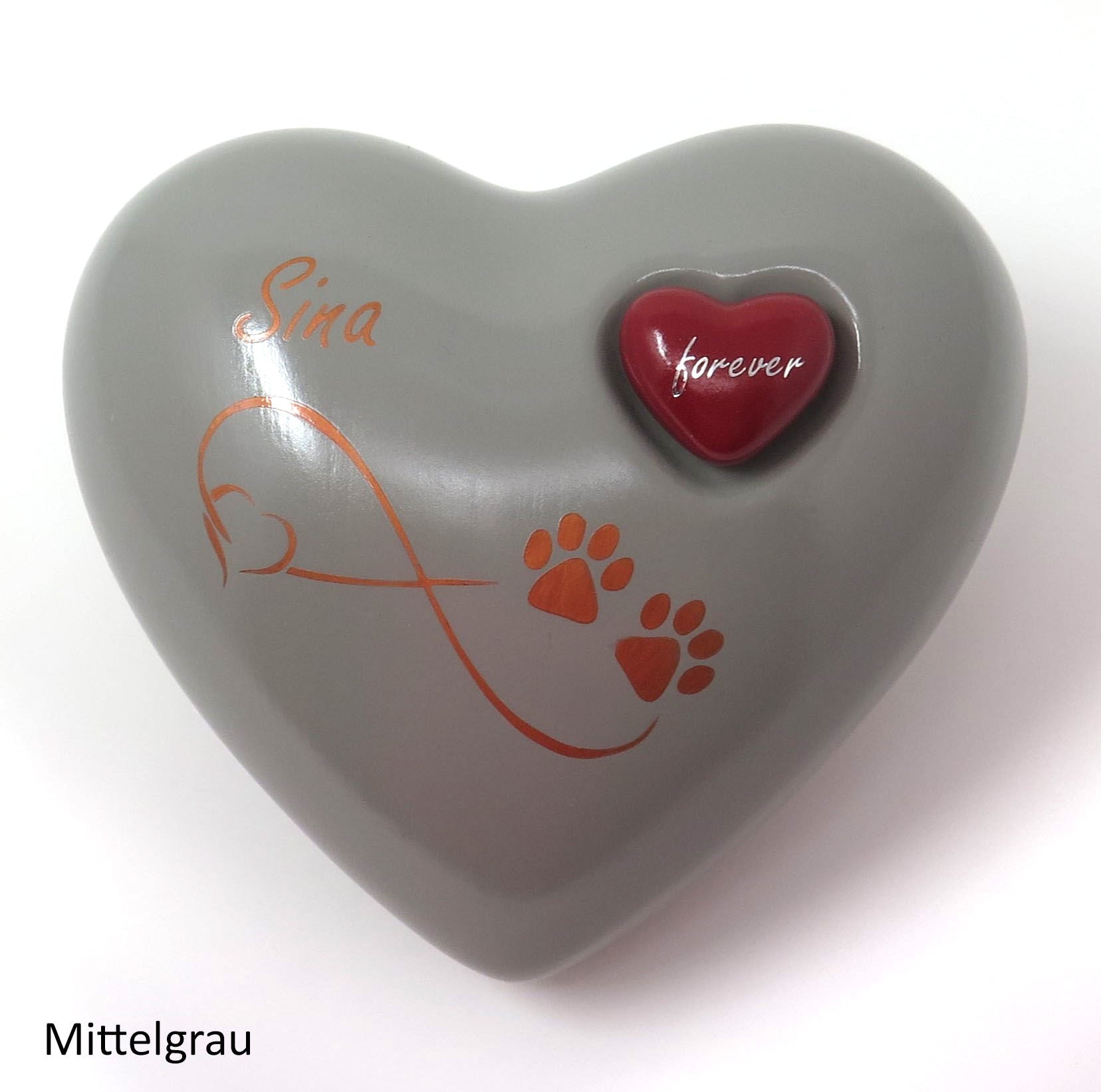 Tierurne in Herzform Mittelgrau mit Endlose Liebe Symbol