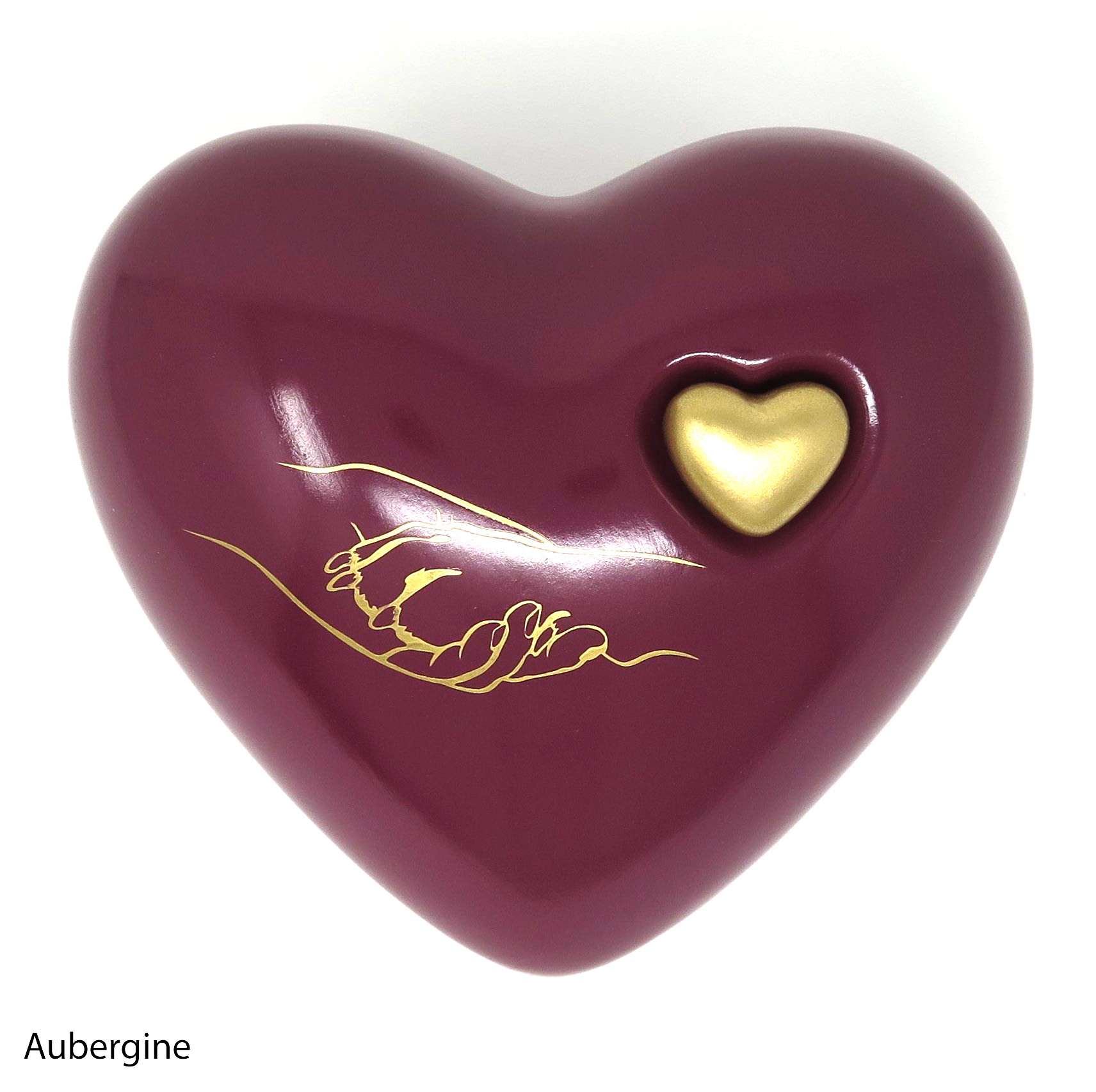 Hundeurne in Herzform mit Pfote in Hand Zeichnung Aubergine