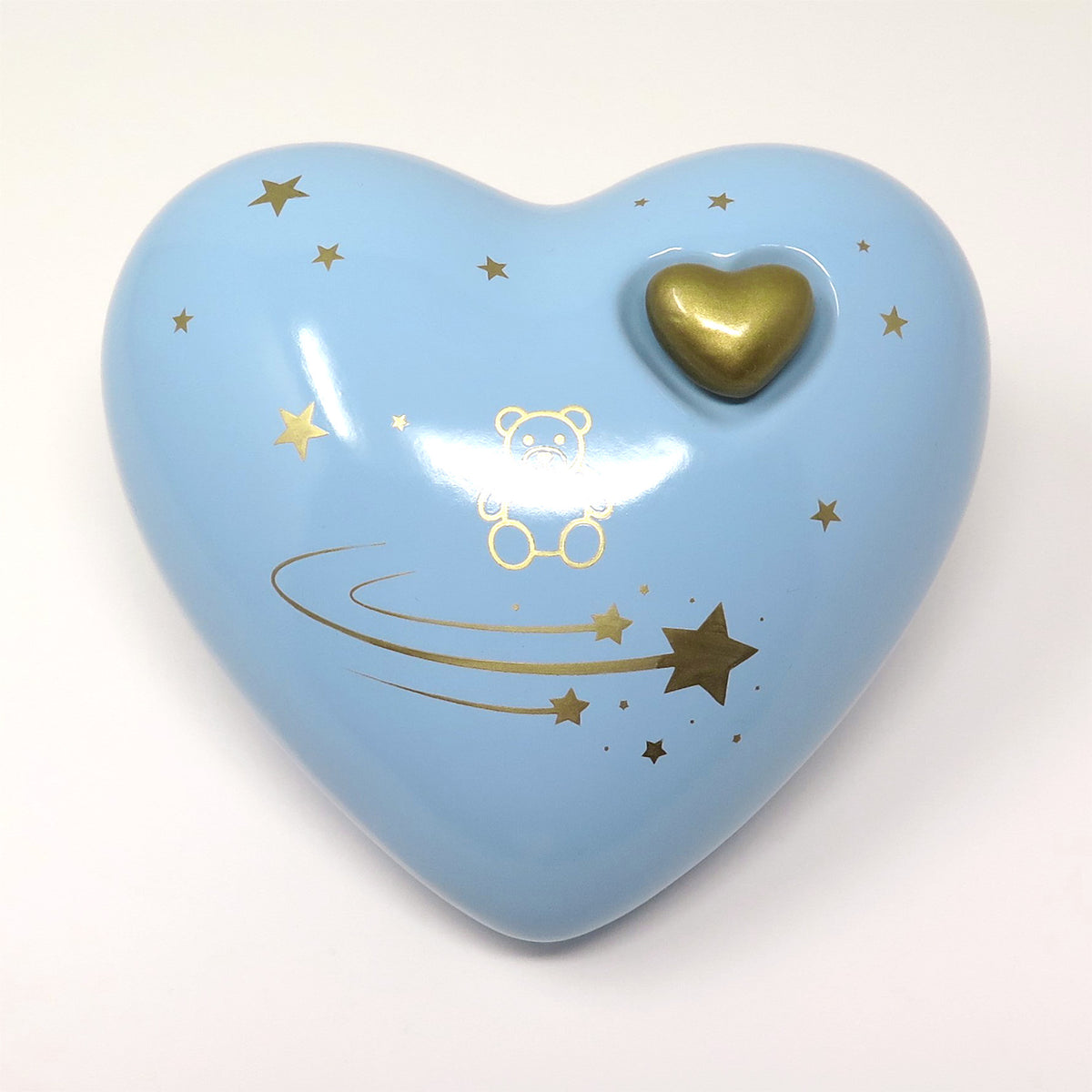 Kinderurne in Herzform Hellblau mit Teddybär