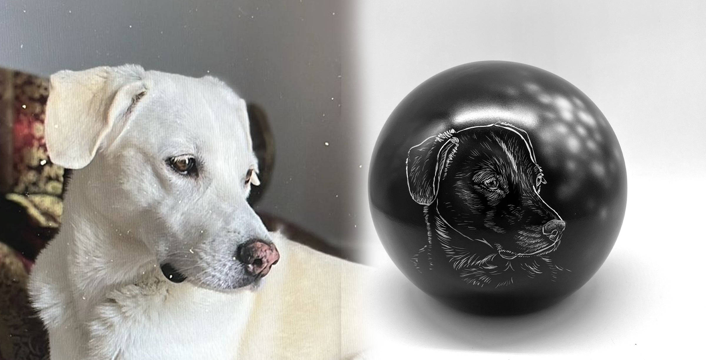 Hundeurne in Kugelform mit Portrait Ihres Hundes