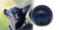 Hundeurne in Kugelform mit einem Hund in den Sternen nach Fotovorlage bemalt