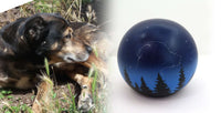 Hundeurne in Kugelform mit einem Hund in den Sternen nach Fotovorlage bemalt