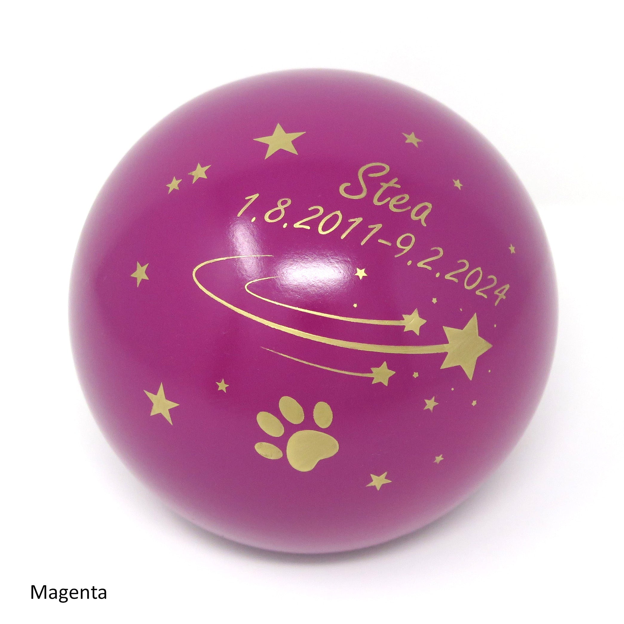 Tierurne in Kugelform mit Sternschnuppe und Sternen bemalt, in Magenta