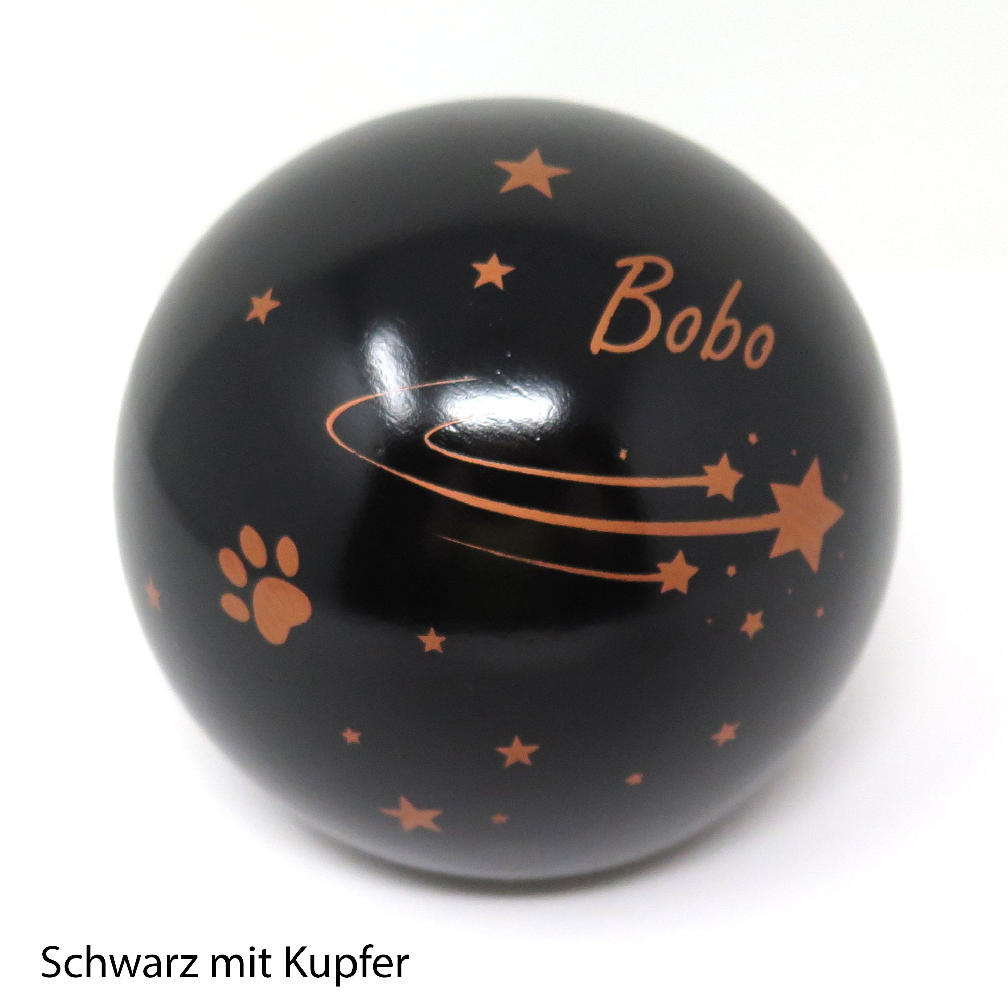 Tierurne in Kugelform mit Sternschnuppe und Sternen bemalt, in Schwarz