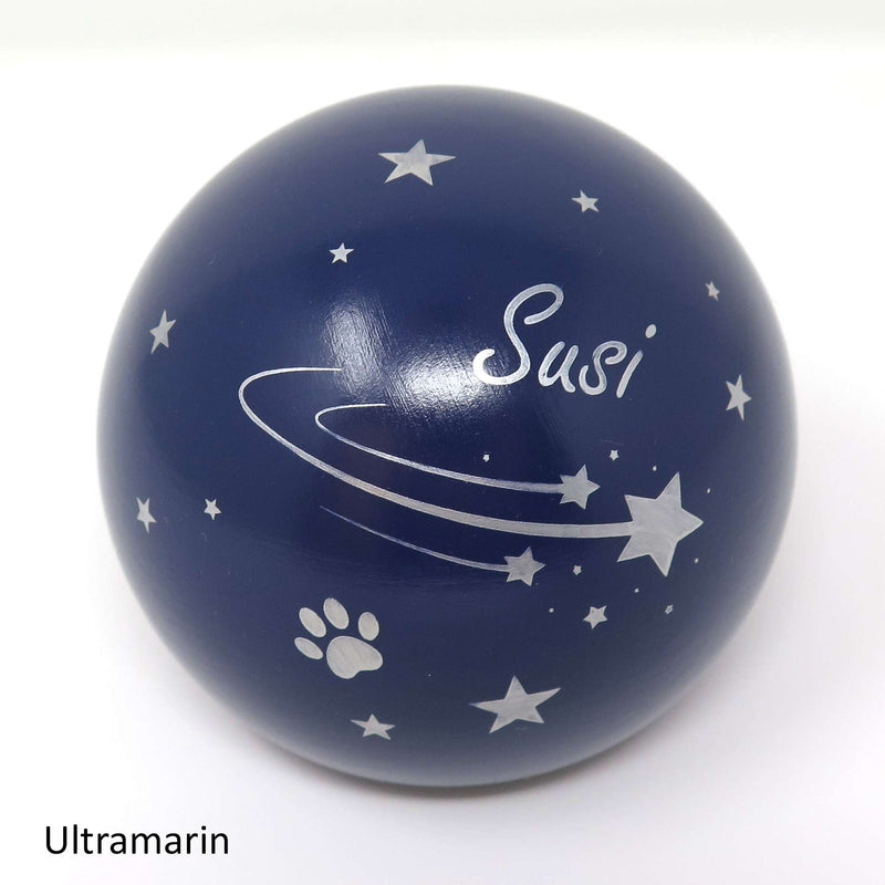 Tierurne in Kugelform mit Sternschnuppe und Sternen bemalt, in Ultramarin