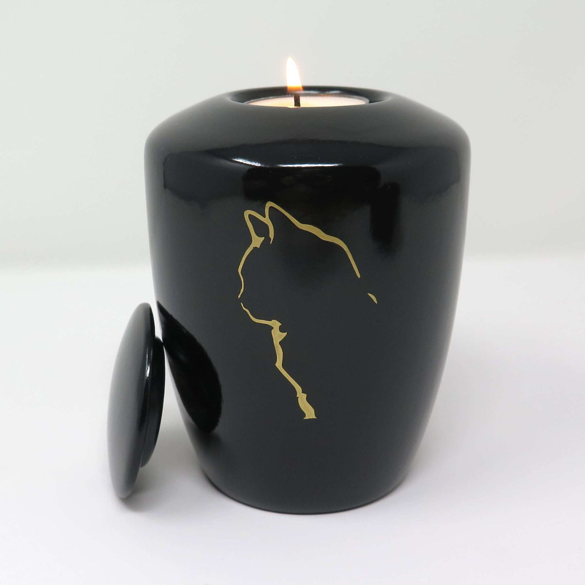 Katzenurne mit Teelicht Schwarz mit Katzensilhouette