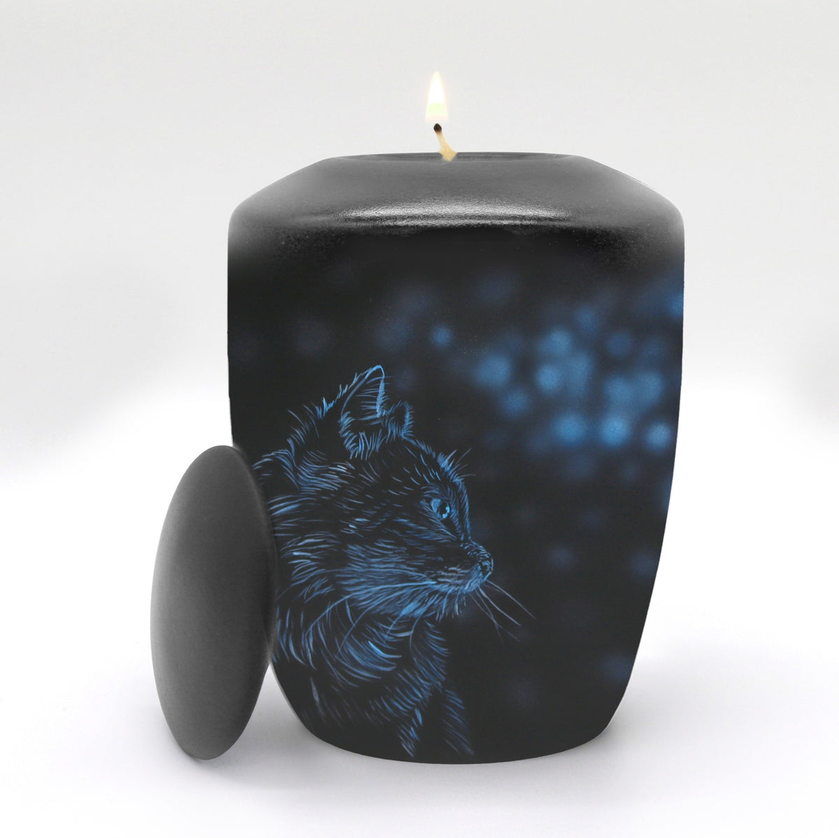 Schwarze Katzenurne mit Teelichteinsatz und Katzenmotiv