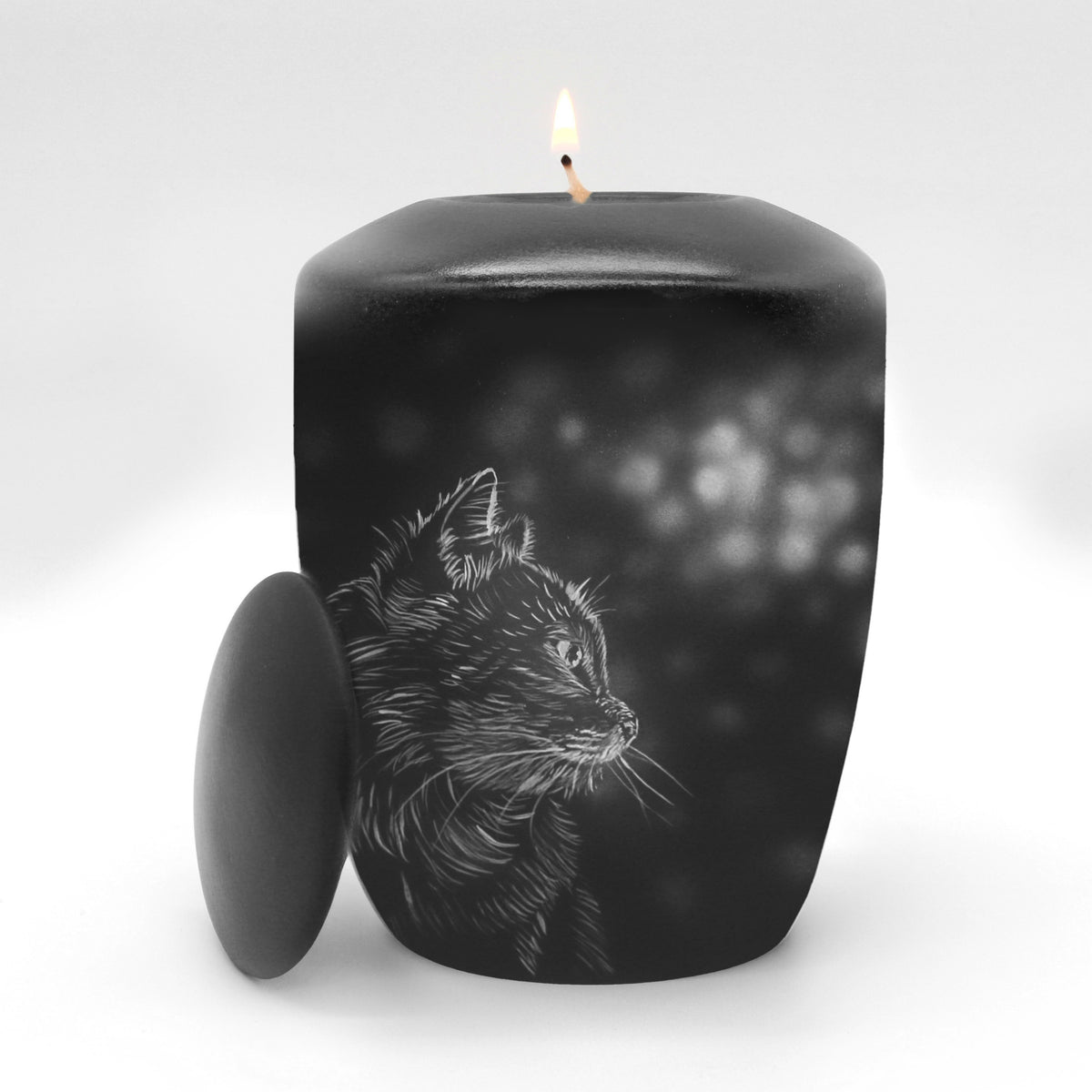 Schwarze Katzenurne mit Teelichteinsatz und Katzenmotiv