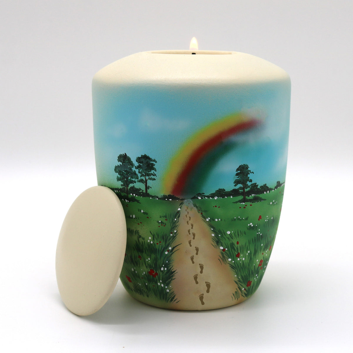 Humanurne mit Teelichteinsatz mit einer Regenbogenlandschaft